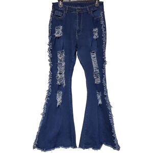 Wide Flare High Rise Distressed Raw Fringe Hem Jeans Size Large, Very Stretchy!